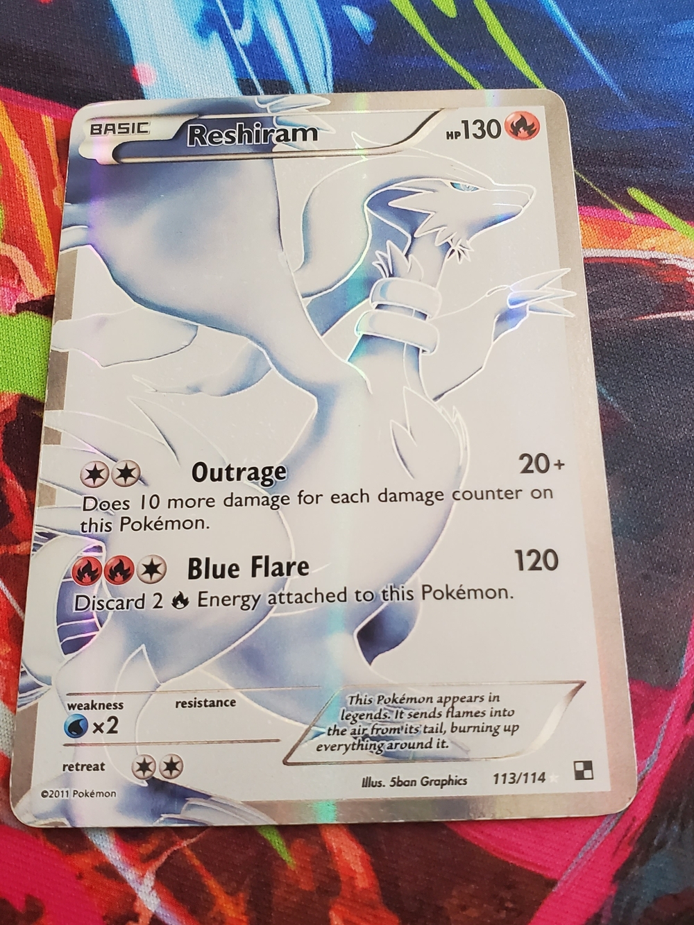 Pokemon Reshiram Holo Card - White, Blue, Silver